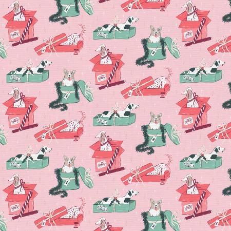 Paintbrush Studio Dog Fabric - Mistletoe Mutts Christmas Package Light Pink Christmas - PBS Collection - Cotton Fabric - Holiday