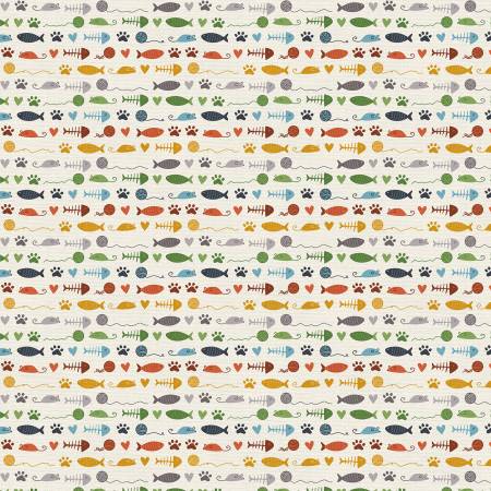 Paintbrush Studios Cat Fabric - Here Kitty, Kitty Toy Stripe Cream - #120-24971 - Cat - Cotton Fabric