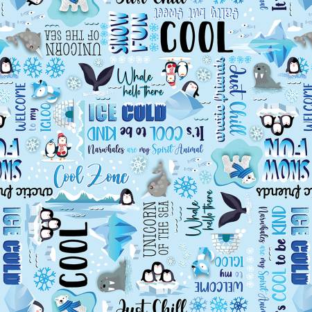 Benartex Polar Bear Fabric - Cool Words Light Blue - # 14540B-53 - Kanvas Studio Collection - Cotton Fabric