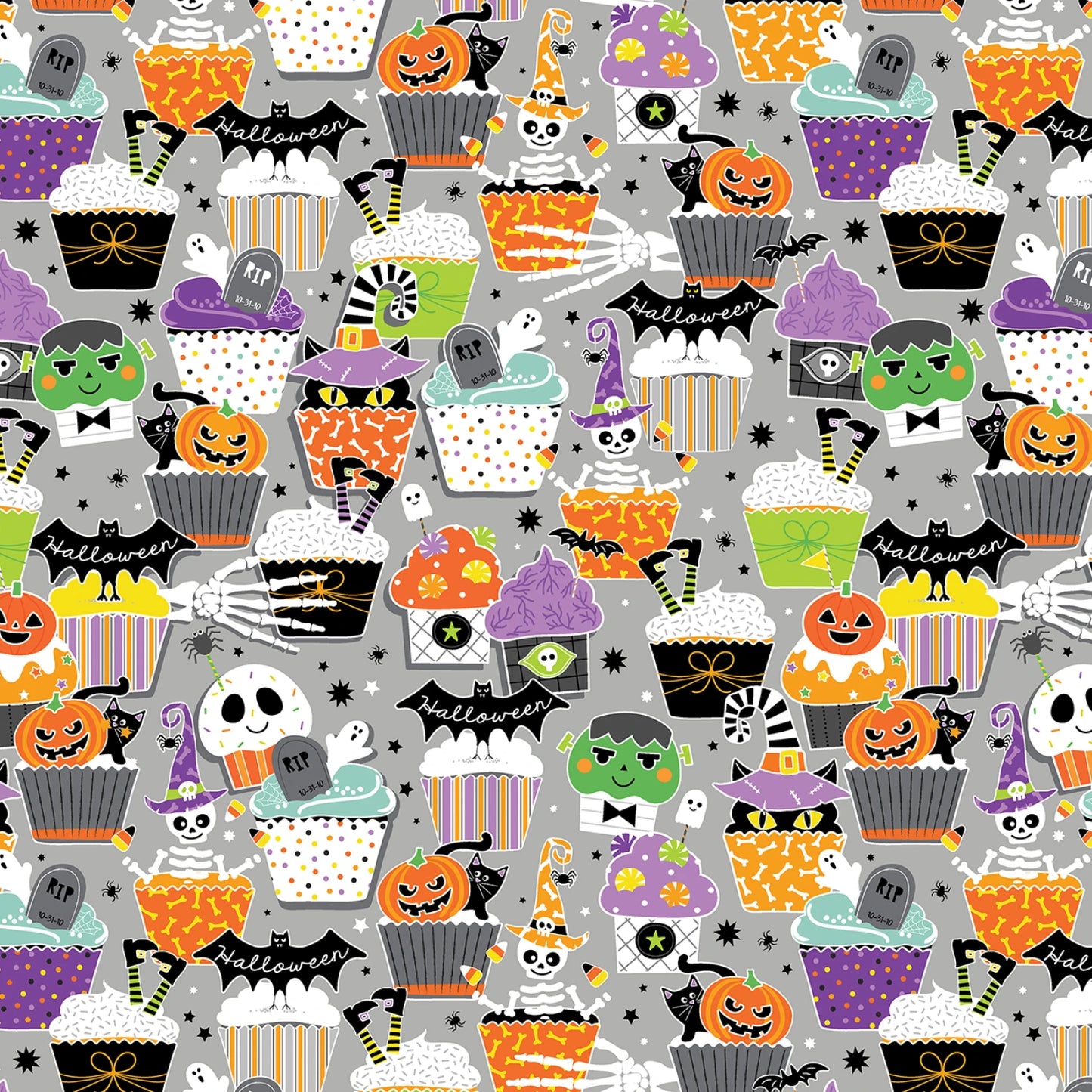 Benartex Fabric - Chills and Thrills by Kanvas Collection - Gray Halloween Treats Glows in the Dark - Cotton Fabric