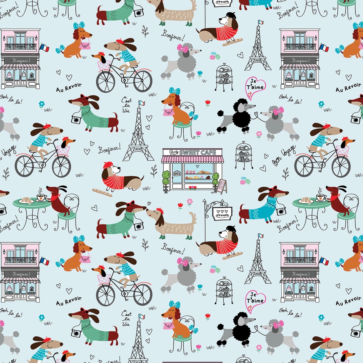 Benartex Dog Fabric - Parisian Pups - Paris Life Light Blue - #14737B-05 - Dog - Cotton Fabric