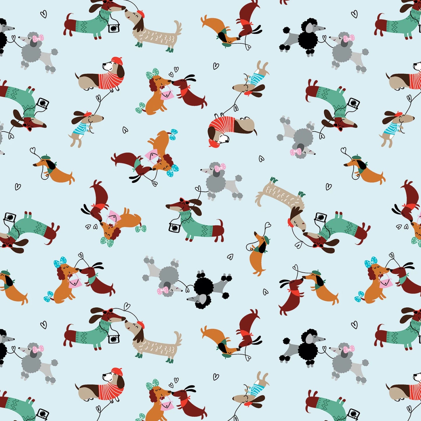 Benartex Dog Fabric - Parisian Pups - Puppy Love Light Blue - #14738B-05 - Dog - Cotton Fabric