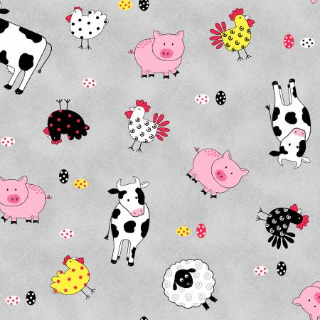 Fabric Traditions Farm Fabric -Novelty Prints Animals Gray - #15838-LZ - Studio Cottons by Fabric Traditions - Pig - Cow - Chicken