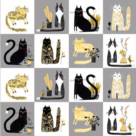 Benartex Cat Fabric -Cosmo Cats Panel Grey/Multi - Cosmo Cats by Terry Runyan Collection - #16131B-08 - Cotton Fabric