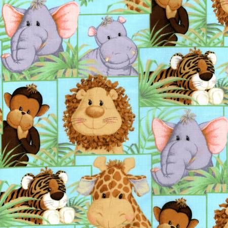 Fabric Traditions Jungle Fabric - Jungle Babies - #1619-B - Studio Cottons - Lion - Elephant - Tiger - Hippo - Monkey - Giraffe