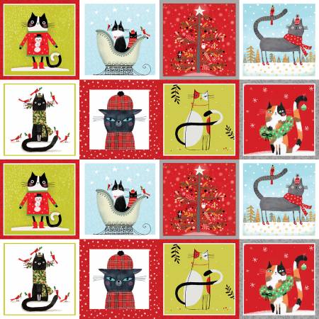Benartex Cat Fabric -Meowy Christmas by Terry Runyan - Multi Meowy Christmas Squares - #16231B-99 - Cotton Fabric