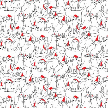 Benartex Cat Fabric -Meowy Christmas by Terry Runyan - White Cats in Hats - #16233B-09 - Cotton Fabric