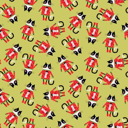 Benartex Cat Fabric -Meowy Christmas by Terry Runyan - Lime Cat In a Sweater Toss - #16236B-44 - Cotton Fabric