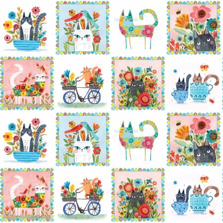 Benartex Cat Fabric -Garden Cats Squares Multi - Garden Cats by Terry Runyan Collection - #16345B-99 - Cotton Fabric