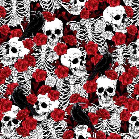 Fabric Traditions Skull Fabric - Novelty Prints Bones and Roses - Studio Cottons by Fabric Traditions - #16737-Z - Cotton Fabric