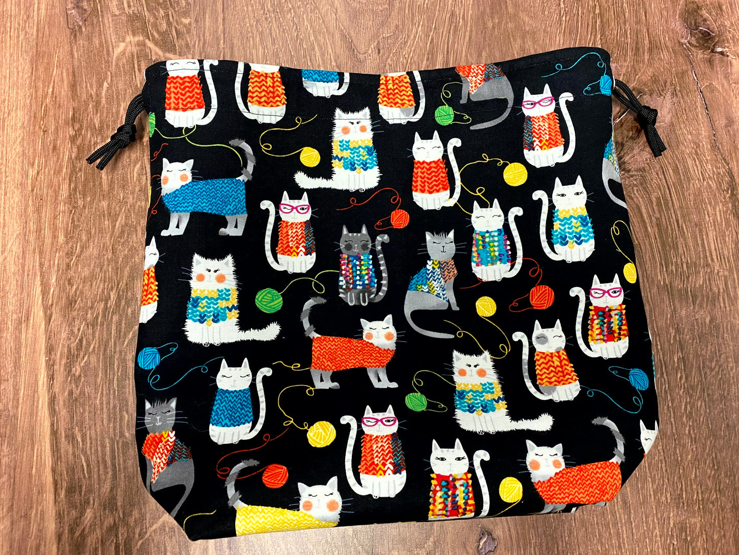 Cat Project Bag - Handmade - Drawstring Bag – Knitting Bag – Crochet Bag - Cross Stitch Bag - Toy Sack - Bingo Bag - Cats - Yarn Balls