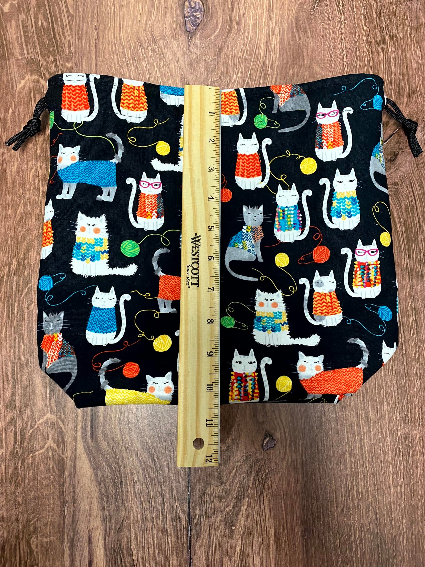 Cat Project Bag - Handmade - Drawstring Bag – Knitting Bag – Crochet Bag - Cross Stitch Bag - Toy Sack - Bingo Bag - Cats - Yarn Balls