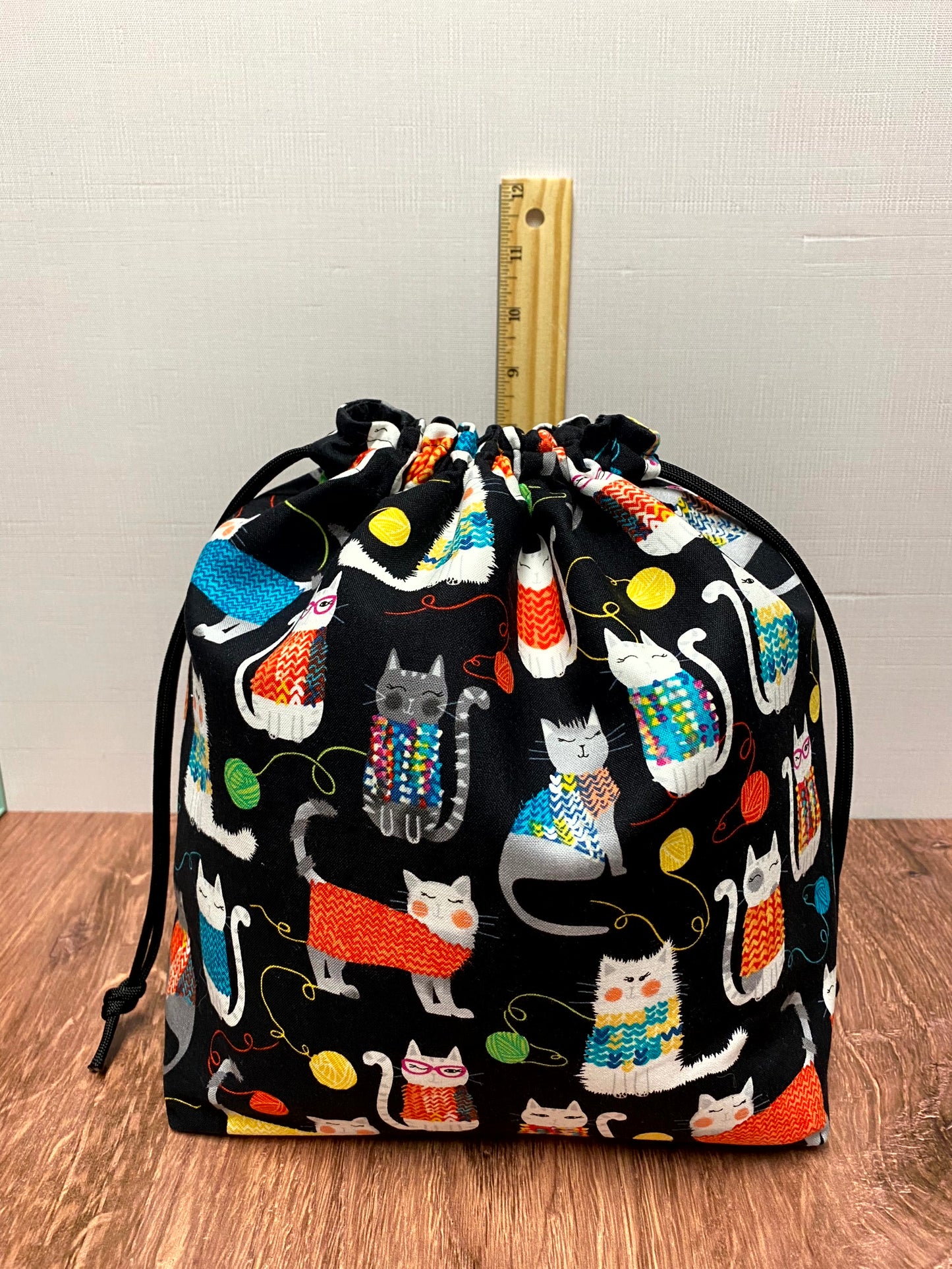 Cat Project Bag - Handmade - Drawstring Bag – Knitting Bag – Crochet Bag - Cross Stitch Bag - Toy Sack - Bingo Bag - Cats - Yarn Balls