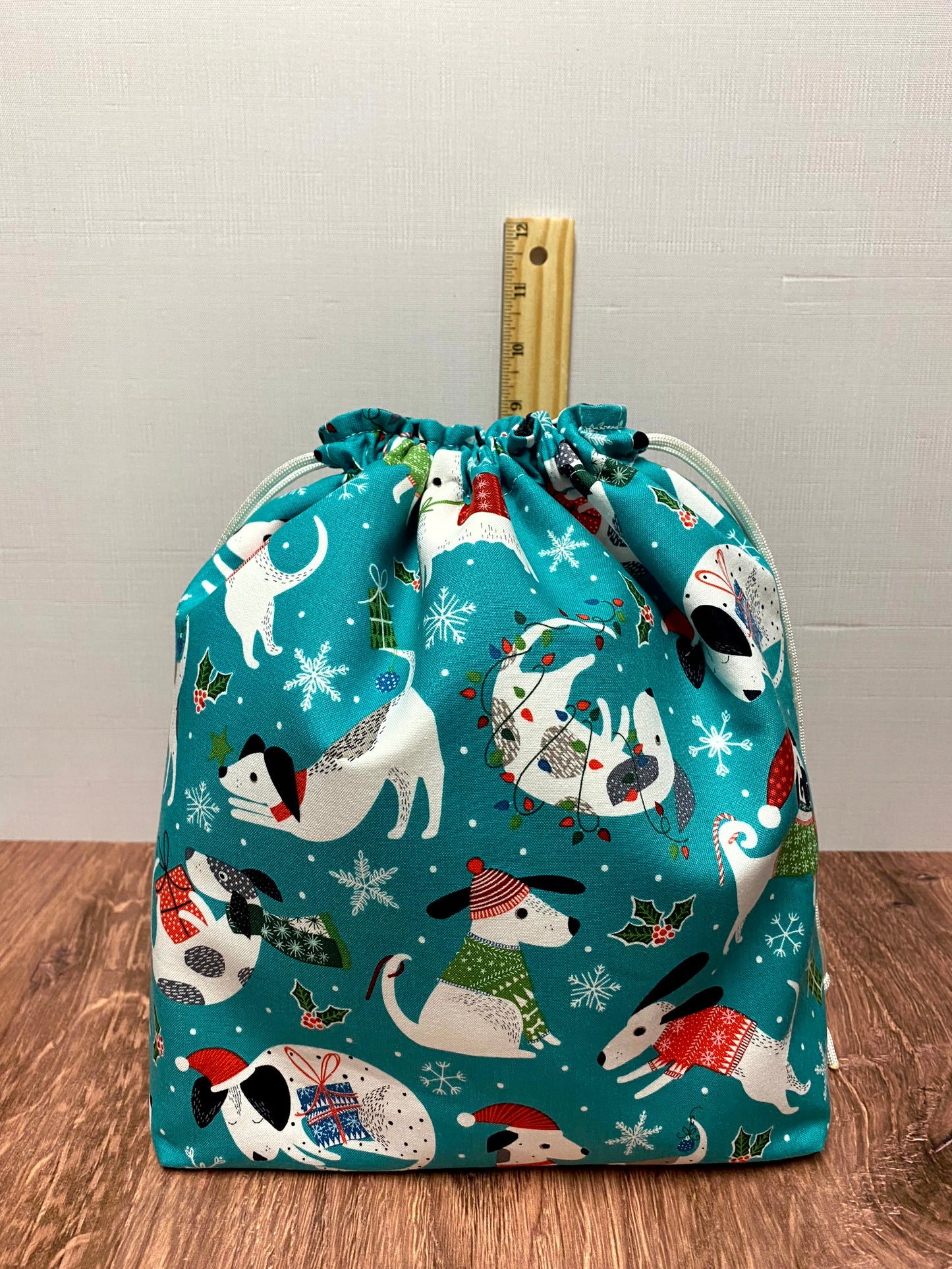 Dog Project Bag - Drawstring Bag – Crochet Bag - Knitting Bag - Cross Stitch Bag - Christmas - Holiday - Pug - Terrier