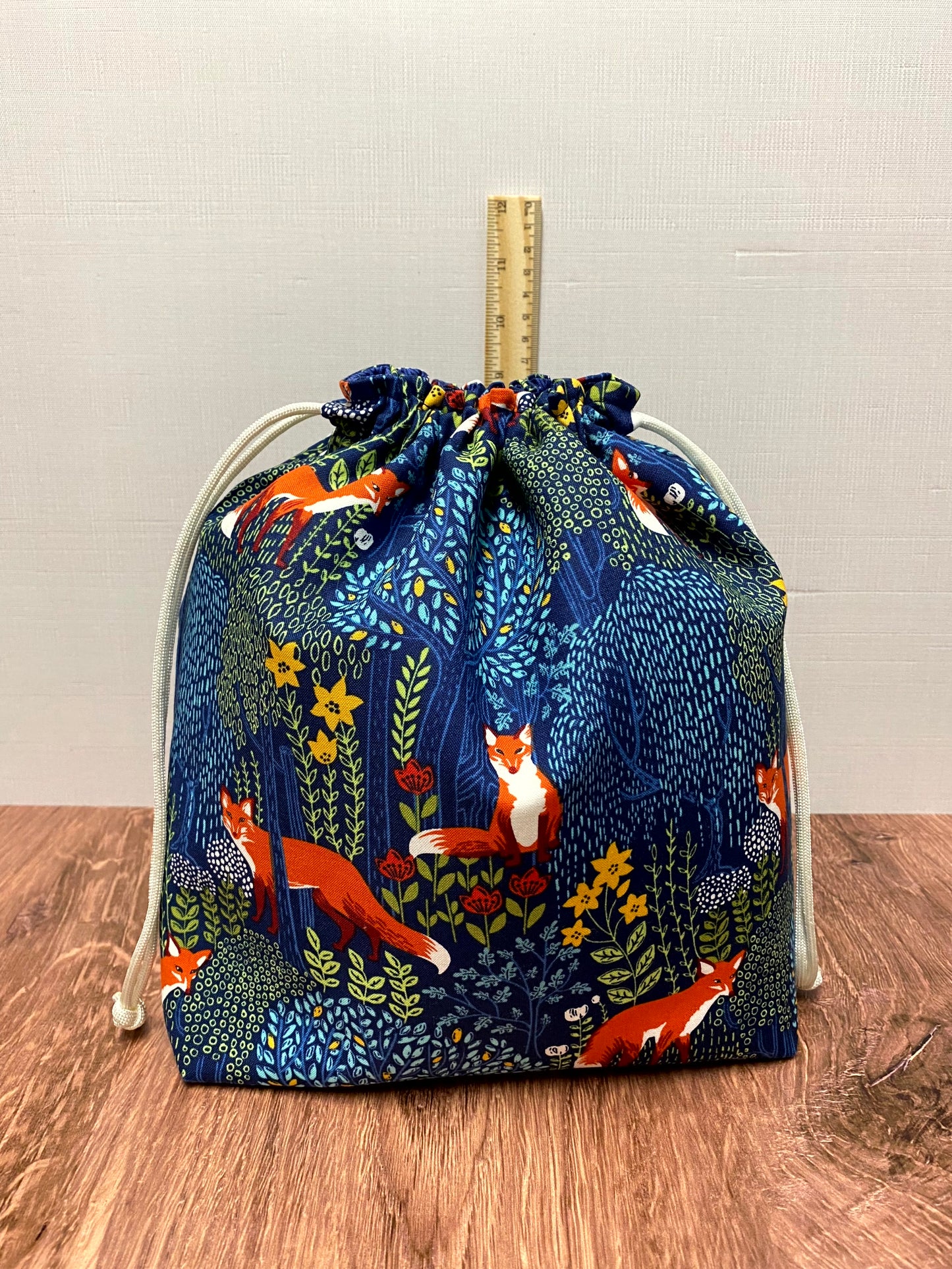 Fox Project Bag - Handmade - Drawstring Bag – Knitting Bag – Crochet Bag - Yarn Tote - Toy Sack - Cross Stitch Bag - Foxes - Floral (BLUE)