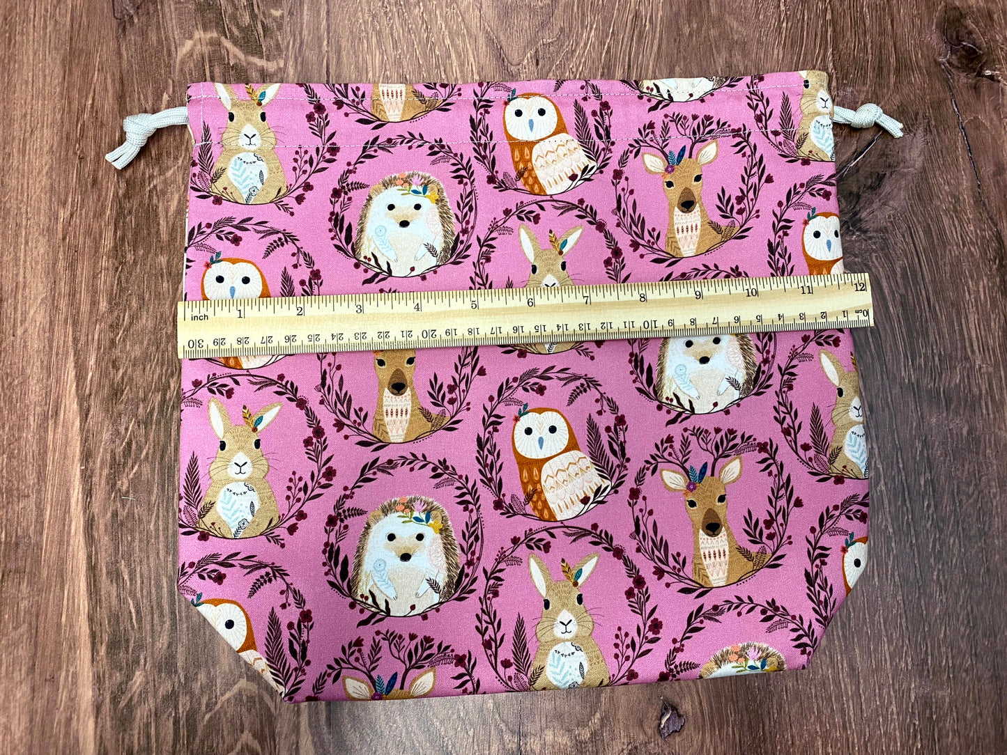 Woodland Project Bag - Handmade - Drawstring Bag – Knitting Bag – Crochet Bag - Toy Sack - Bingo Bag – Cross Stitch Bag - Hedgehog - Owl