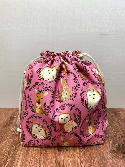 Woodland Project Bag - Handmade - Drawstring Bag – Knitting Bag – Crochet Bag - Toy Sack - Bingo Bag – Cross Stitch Bag - Hedgehog - Owl