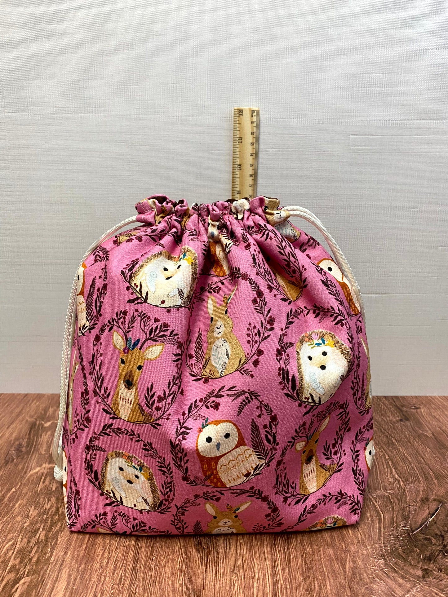 Woodland Project Bag - Handmade - Drawstring Bag – Knitting Bag – Crochet Bag - Toy Sack - Bingo Bag – Cross Stitch Bag - Hedgehog - Owl