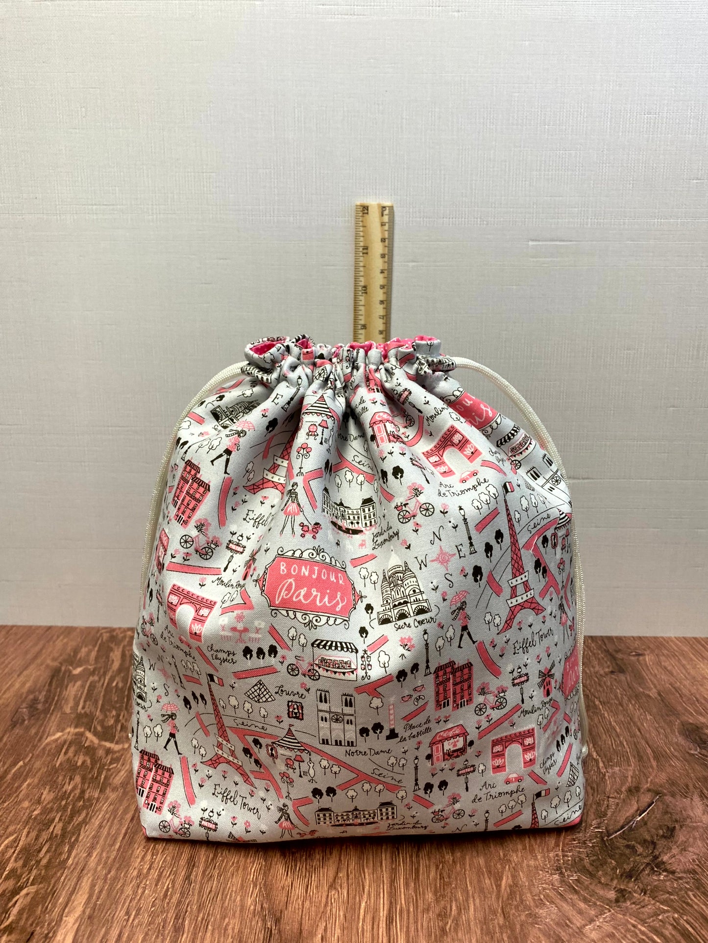 Paris Project Bag - Drawstring Bag – Knitting Bag – Crochet Bag - Toy Sack - Bingo Bag – Cross Stitch Bag - France - Bonjour - Eiffel Tower
