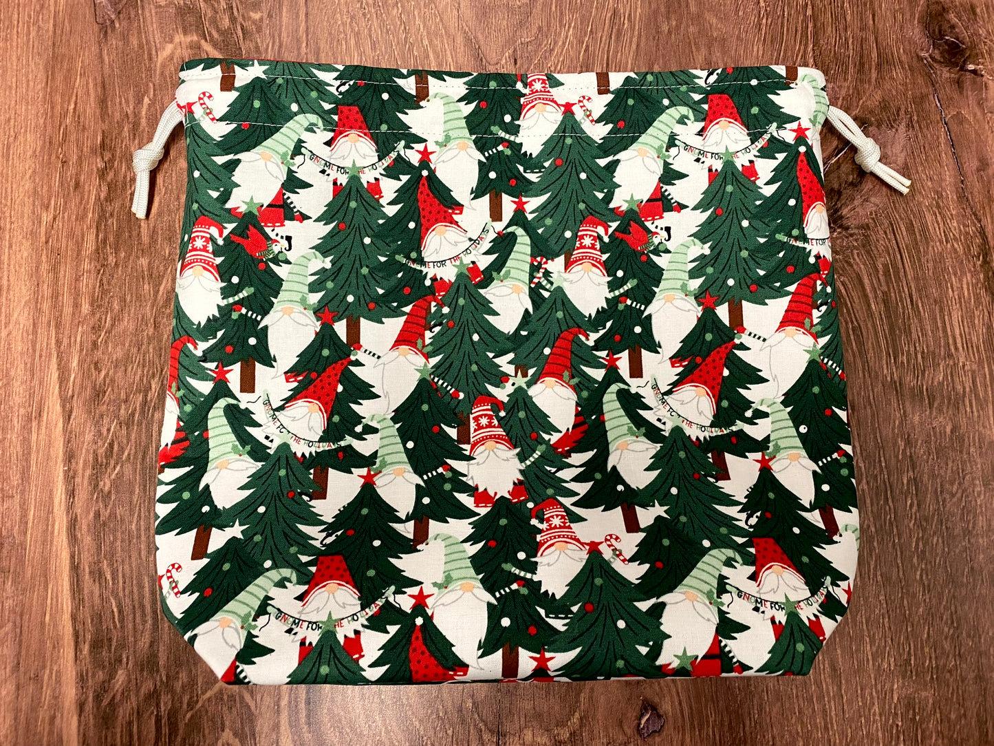 Christmas Gnome Project Bag - Handmade - Drawstring Bag – Crochet Bag - Knitting Bag - Cross Stitch Bag - Tree - Winter