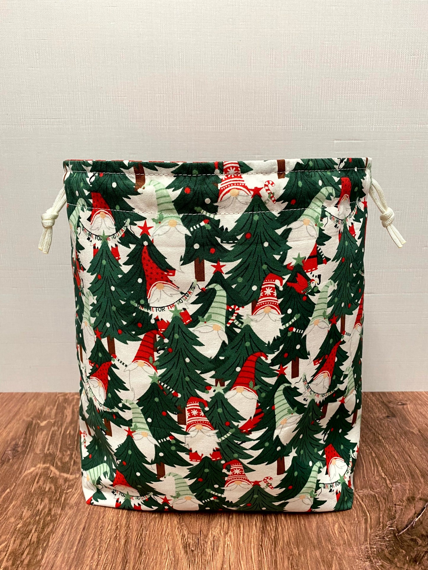 Christmas Gnome Project Bag - Handmade - Drawstring Bag – Crochet Bag - Knitting Bag - Cross Stitch Bag - Tree - Winter