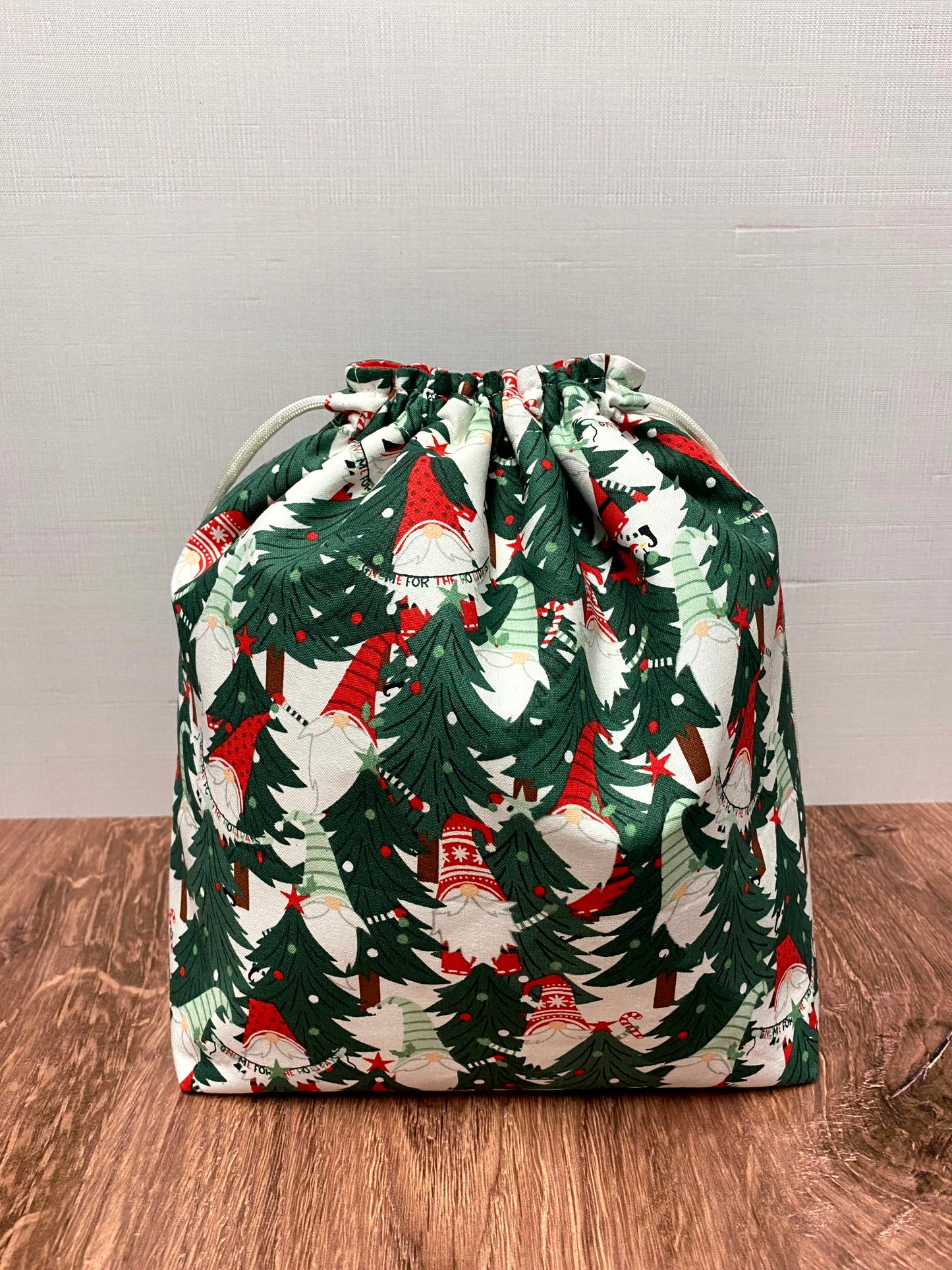 Christmas Gnome Project Bag - Handmade - Drawstring Bag – Crochet Bag - Knitting Bag - Cross Stitch Bag - Tree - Winter