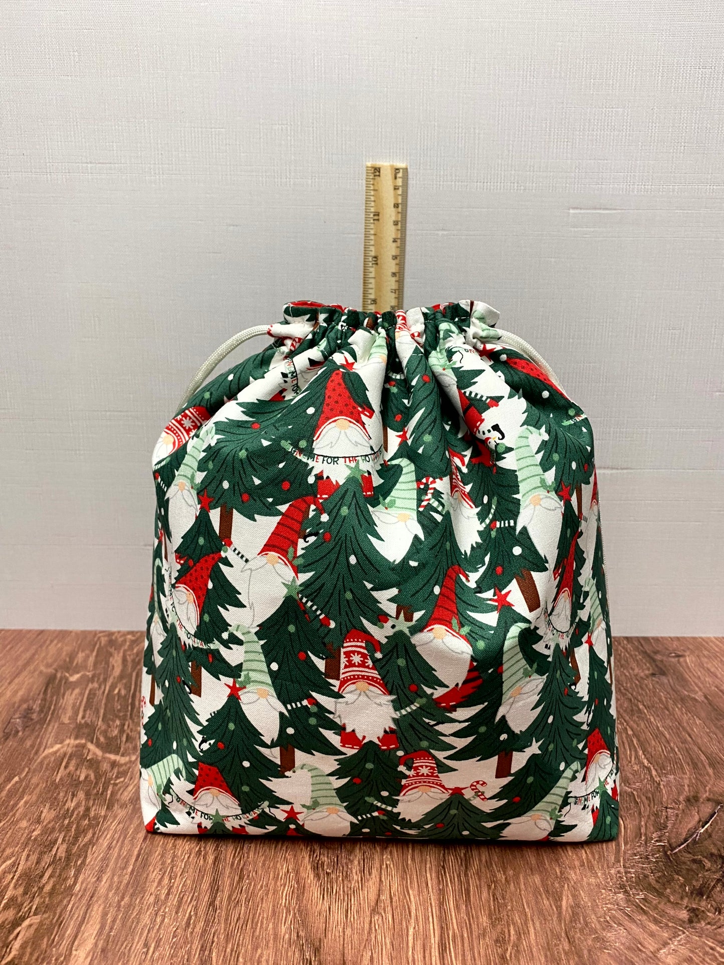 Christmas Gnome Project Bag - Handmade - Drawstring Bag – Crochet Bag - Knitting Bag - Cross Stitch Bag - Tree - Winter