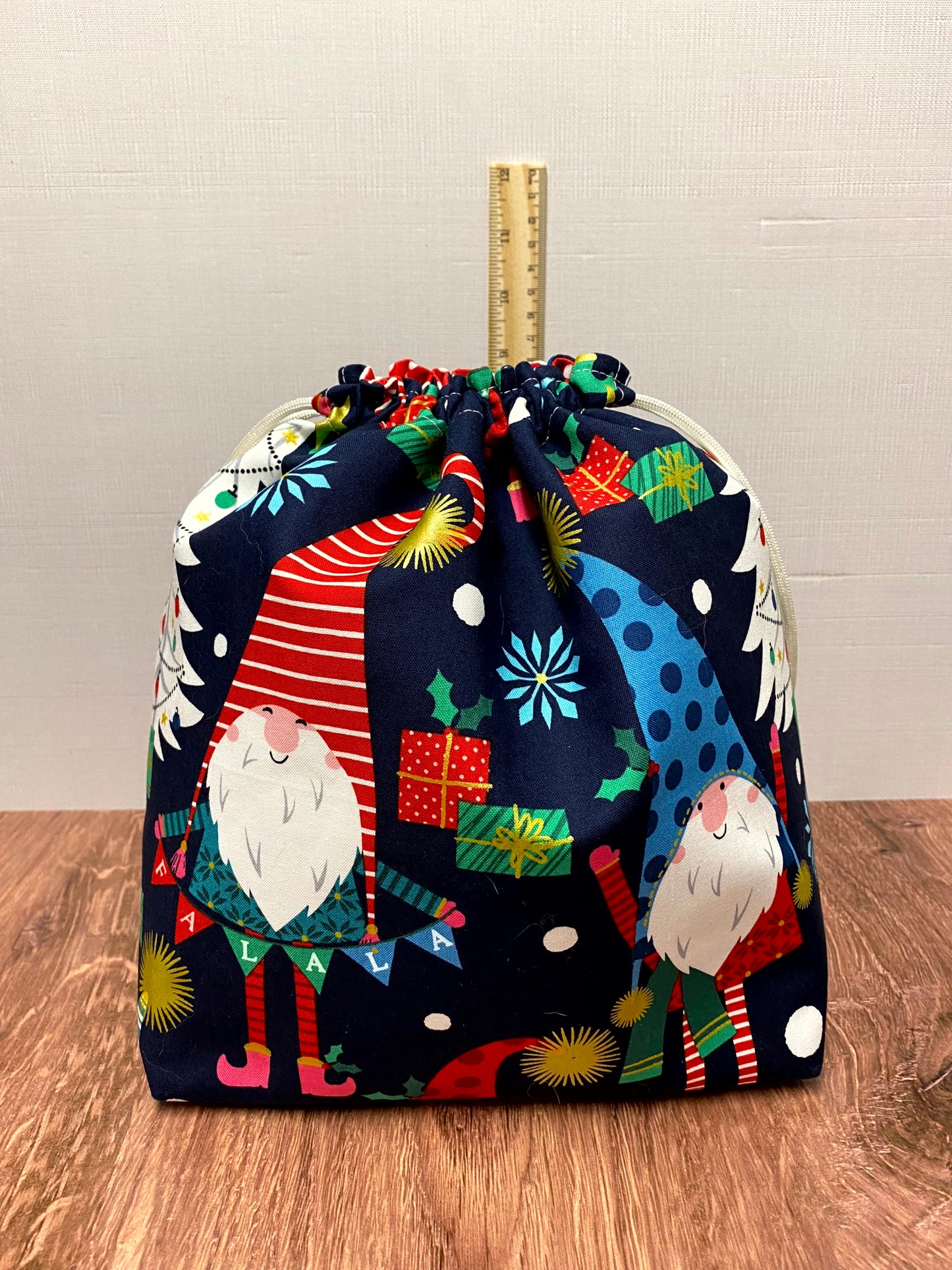 Christmas Gnome Project Bag - Handmade - Drawstring Bag – Crochet Bag - Knitting Bag - Cross Stitch Bag - Tree - Winter