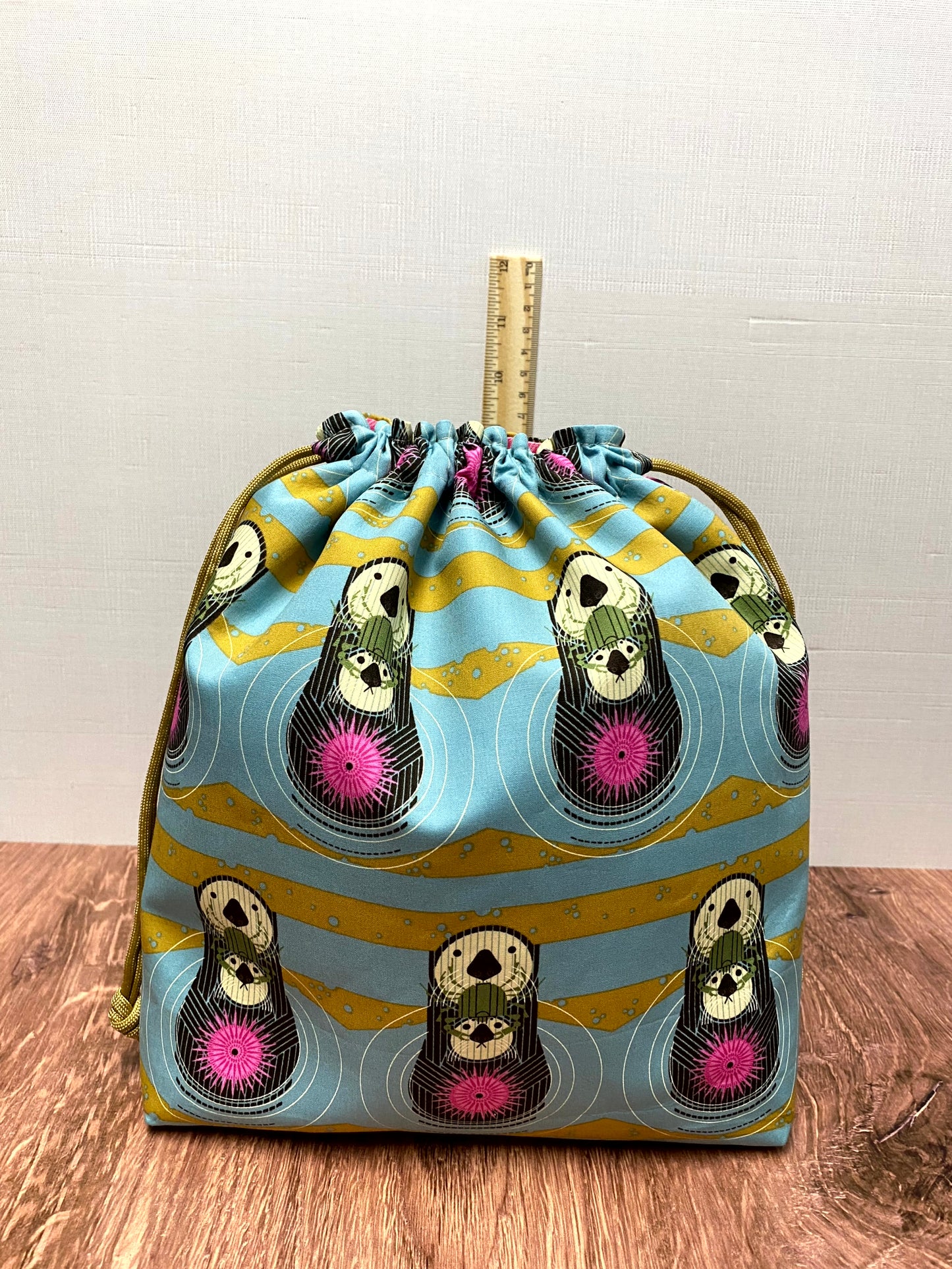 Otter Project Bag - Handmade - Drawstring Bag – Crochet Bag - Knitting Bag - Cross Stitch Bag - Animal - Zoo