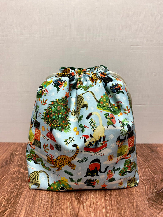 Christmas Cat Project Bag - Drawstring Bag – Knitting Bag – Crochet Bag - Toy Sack - Bingo Bag – Cross Stitch Bag - Christmas- Cats