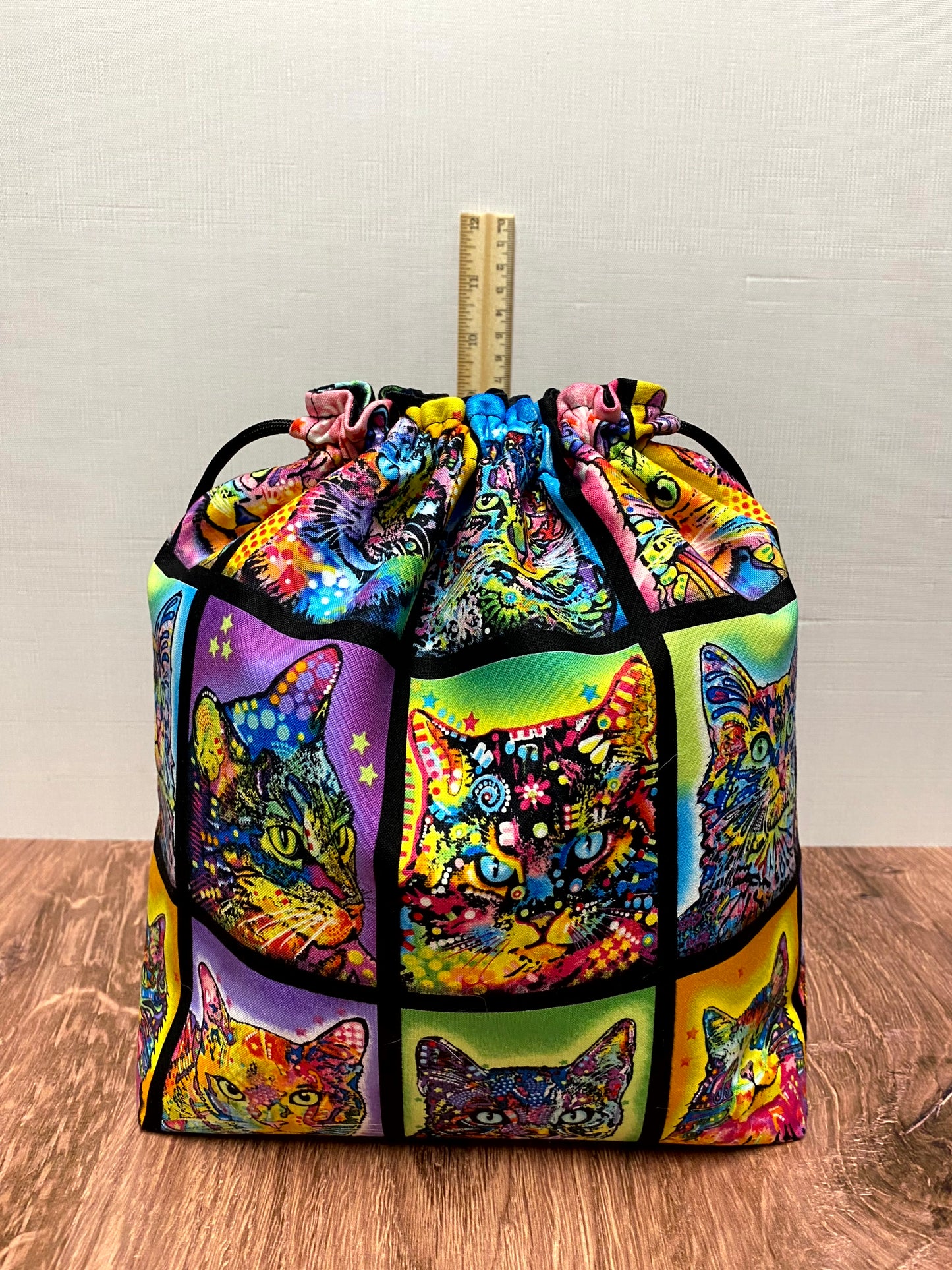 Cat Project Bag - Handmade - Drawstring Bag – Knitting Bag – Crochet Bag - Cross Stitch Bag - Toy Sack - Bingo Bag - Tie Dye