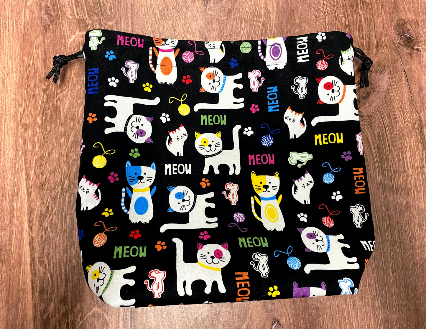 Cat Project Bag - Handmade - Drawstring Bag – Knitting Bag – Crochet Bag - Cross Stitch Bag - Toy Sack - Bingo Bag - Rainbow