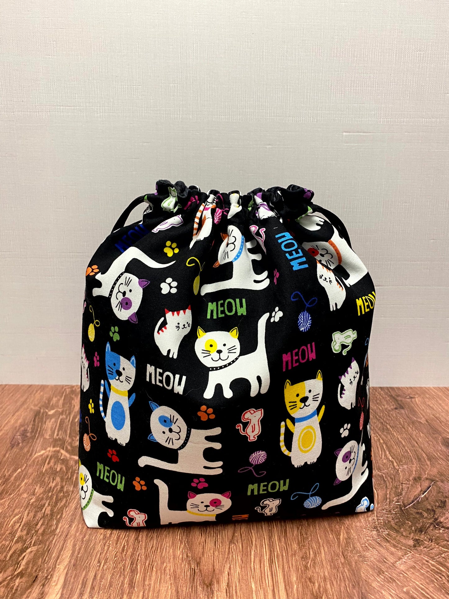 Cat Project Bag - Handmade - Drawstring Bag – Knitting Bag – Crochet Bag - Cross Stitch Bag - Toy Sack - Bingo Bag - Rainbow