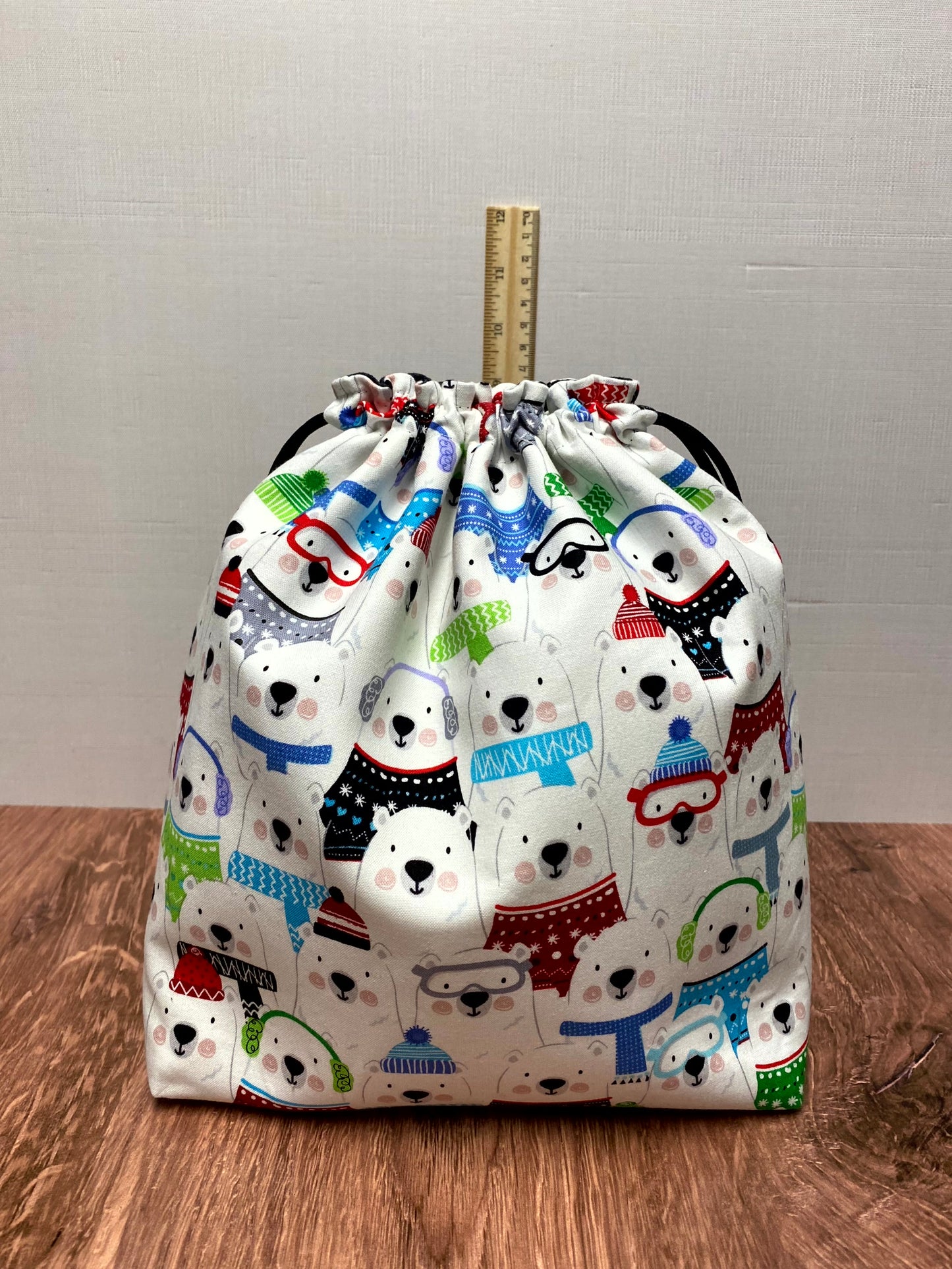 Polar Bear Project Bag - Drawstring Bag – Crochet Bag - Knitting Bag - Cross Stitch Bag - Christmas - Holiday - Bears