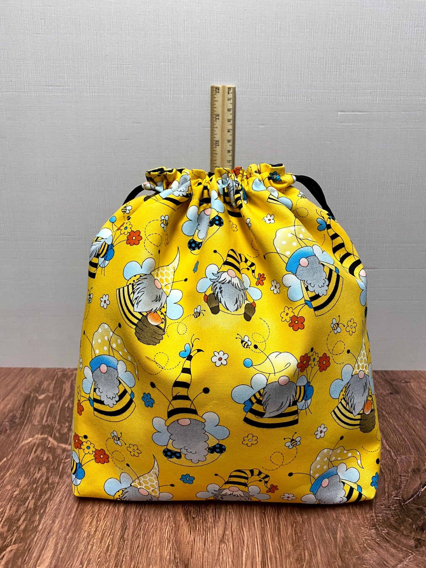 Gnome Project Bag - Drawstring Bag – Knitting Bag – Crochet Bag - Craft Bag - Bingo Bag – Cross Stitch Bag - Floral - Bee