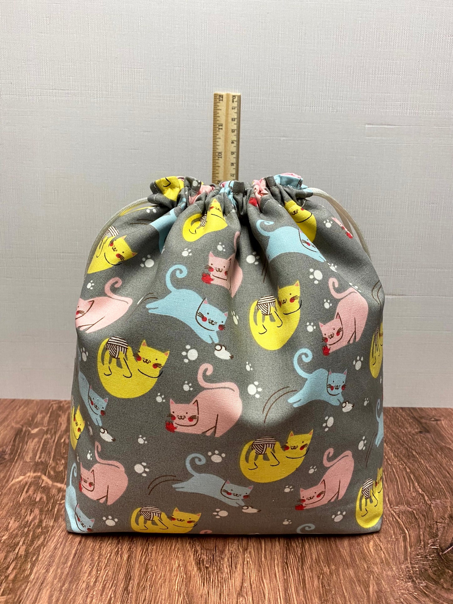 Cat Project Bag - Handmade - Drawstring Bag – Knitting Bag – Crochet Bag - Cross Stitch Bag - Toy Sack - Bingo Bag - Kitty - Kitten
