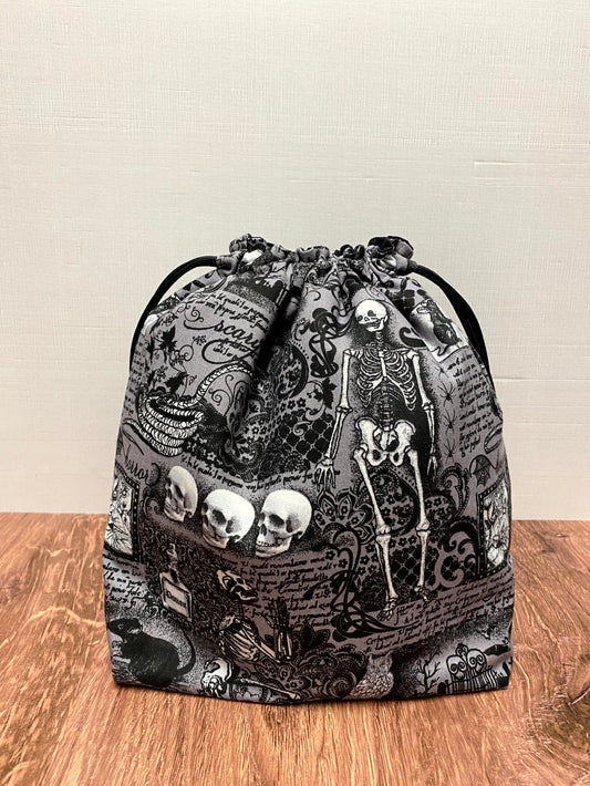Halloween Project Bag - Handmade - Drawstring Bag – Crochet Bag - Cross Stitch Bag - Toy Sack - Bingo Bag - Skull - Goth - Gothic - Skeleton