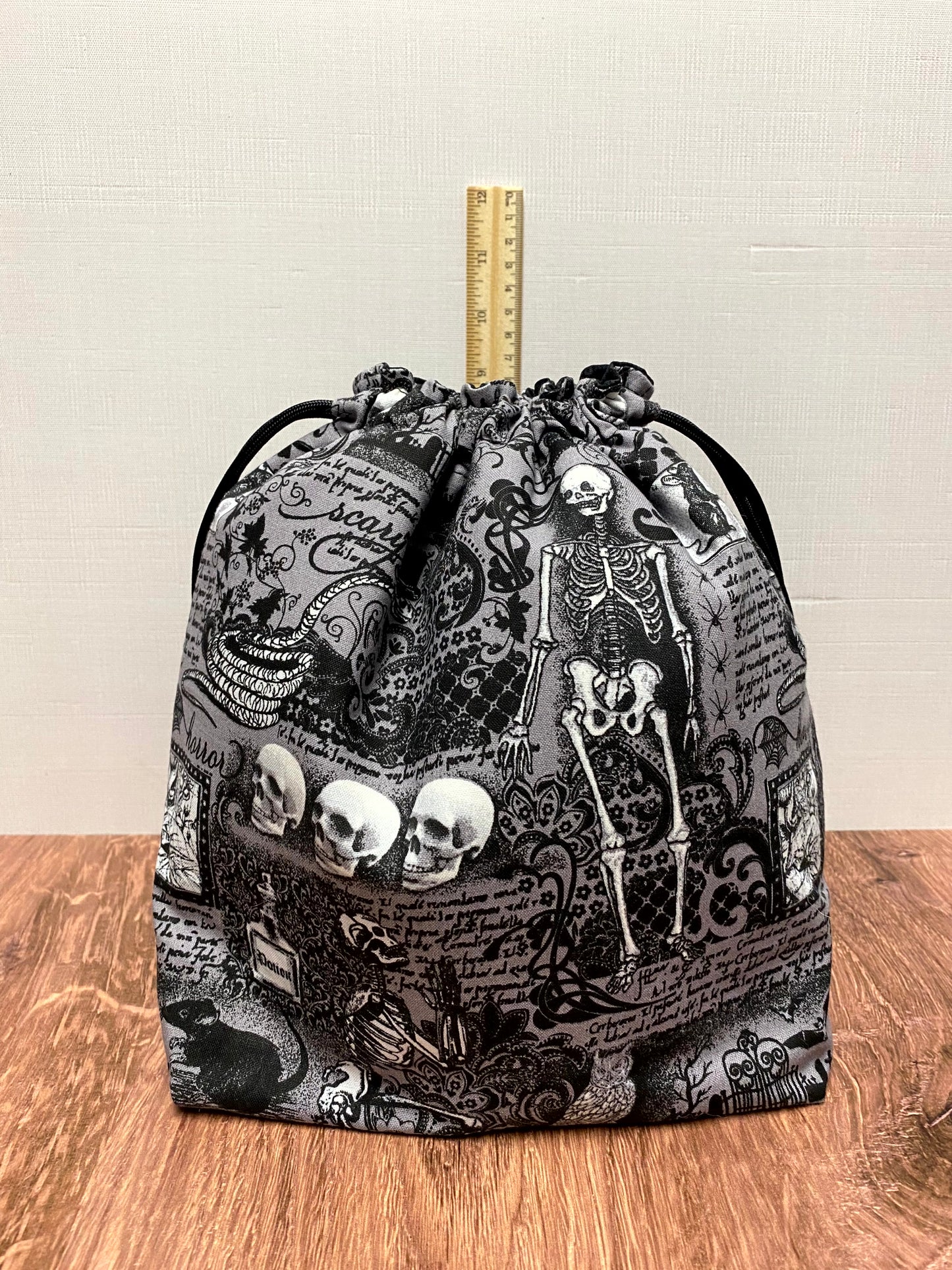 Halloween Project Bag - Handmade - Drawstring Bag – Crochet Bag - Cross Stitch Bag - Toy Sack - Bingo Bag - Skull - Goth - Gothic - Skeleton