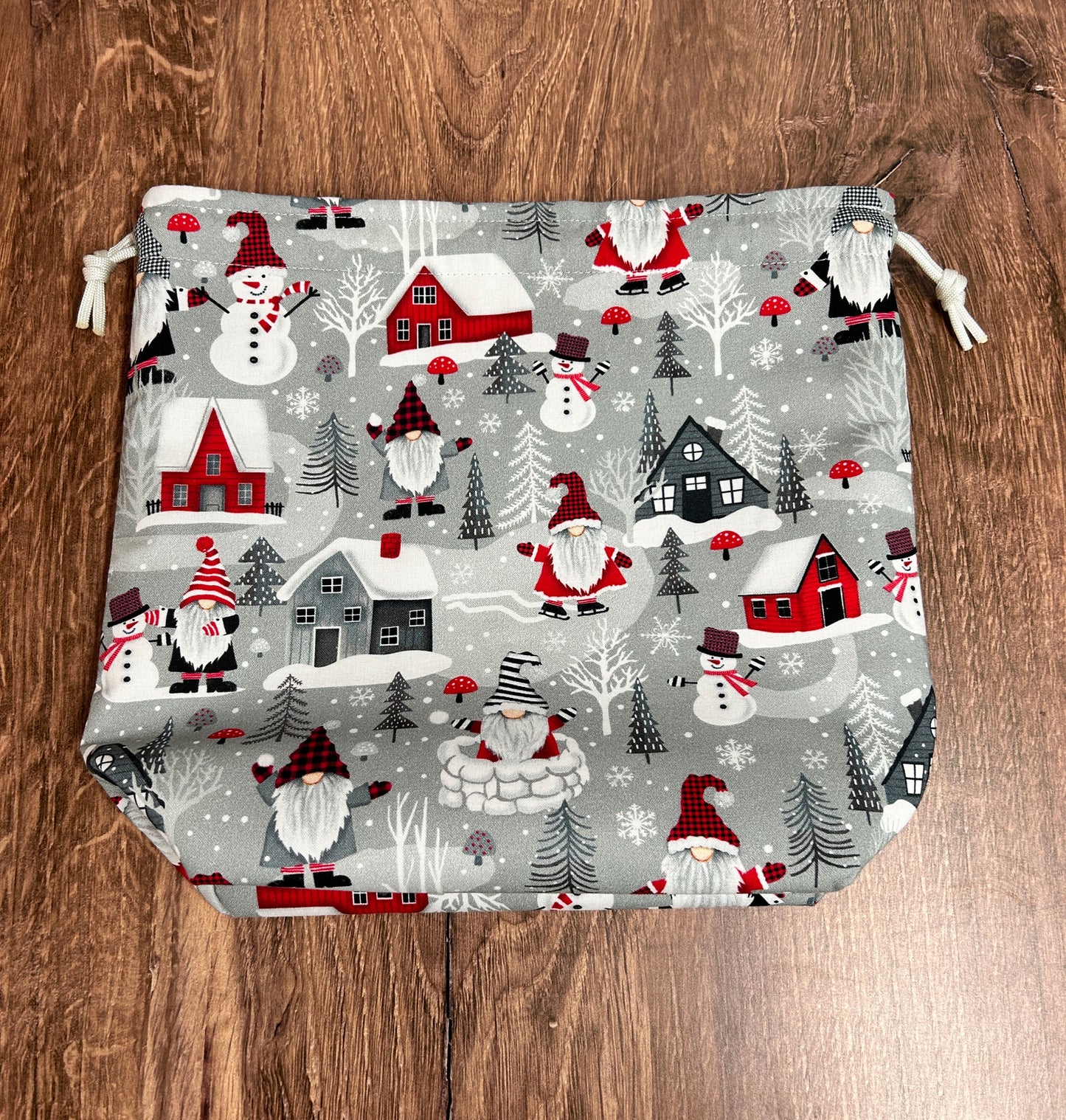 Christmas Gnome Project Bag - Handmade - Drawstring Bag – Knitting Bag – Crochet Bag - Yarn Tote - Bingo Bag – Cross Stitch Bag – Winter