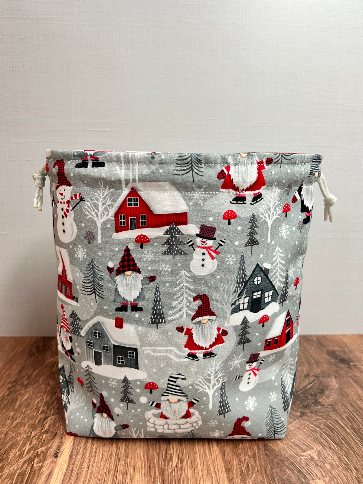 Christmas Gnome Project Bag - Handmade - Drawstring Bag – Knitting Bag – Crochet Bag - Yarn Tote - Bingo Bag – Cross Stitch Bag – Winter