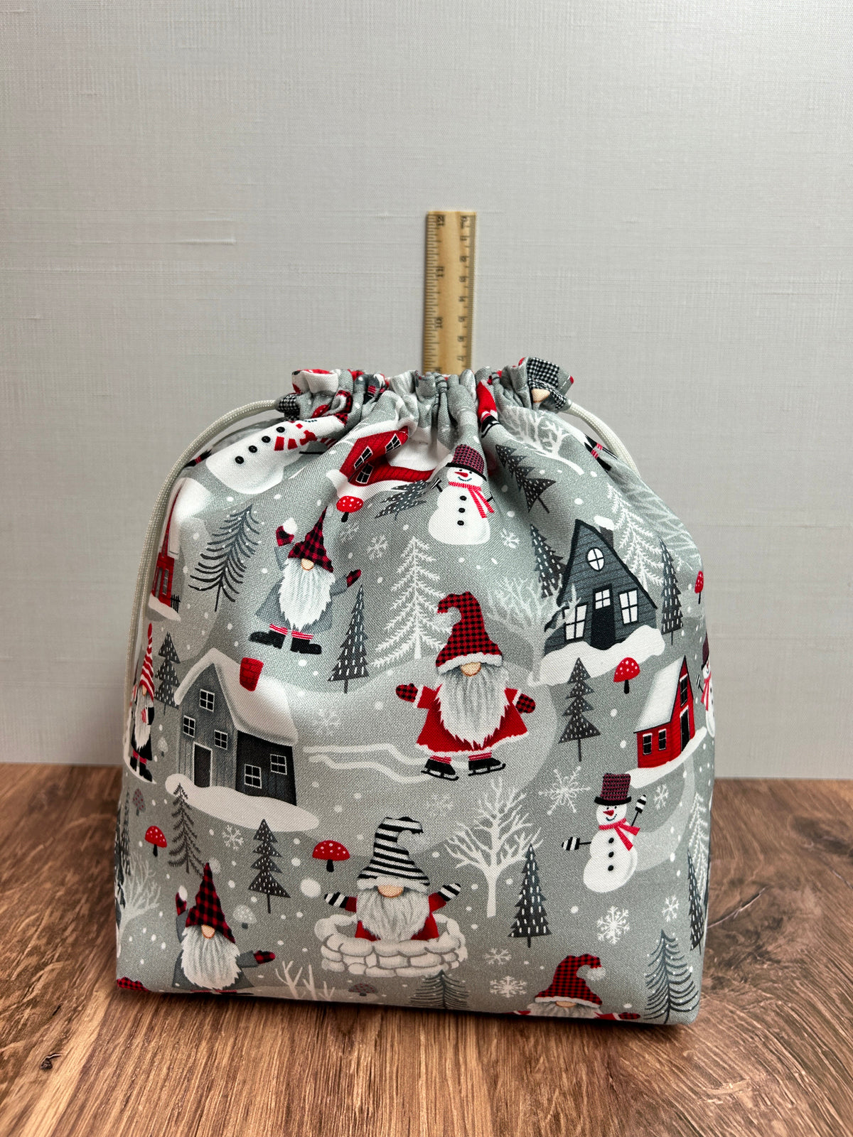 Christmas Gnome Project Bag - Handmade - Drawstring Bag – Knitting Bag – Crochet Bag - Yarn Tote - Bingo Bag – Cross Stitch Bag – Winter