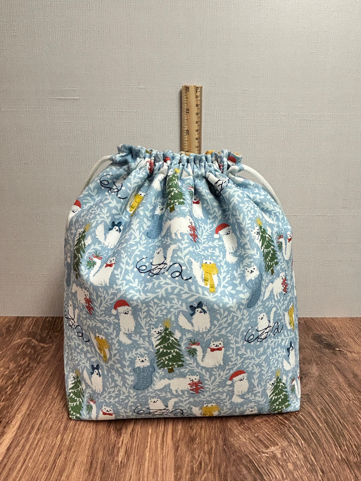 Cat Project Bag - Handmade - Drawstring Bag – Knitting Bag – Crochet Bag - Cross Stitch Bag - Craft Bag - Christmas - Winter