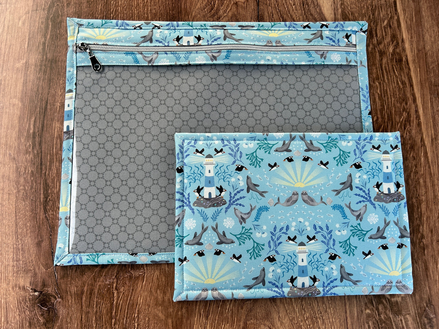 Vinyl Cross Stitch Project Bag - Embroidery bag - Knitting & Crochet Bag - Notions - Arctic - Puffin - Seal - Fish