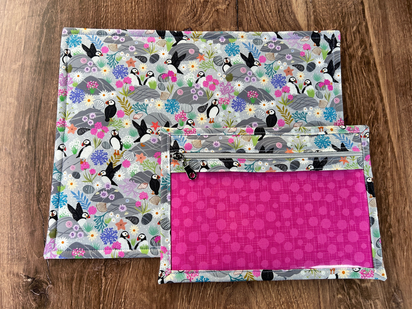 Vinyl Cross Stitch Project Bag - Embroidery bag - Knitting & Crochet Bag - Notions - Puffin - Bird - Floral