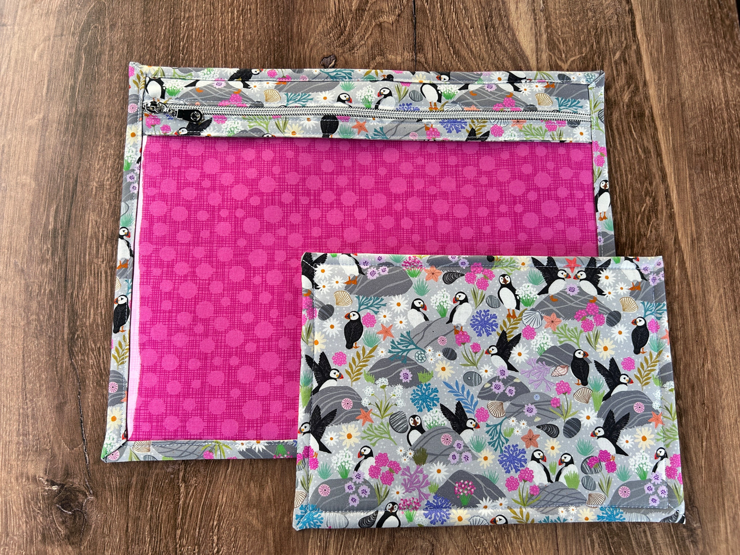 Vinyl Cross Stitch Project Bag - Embroidery bag - Knitting & Crochet Bag - Notions - Puffin - Bird - Floral