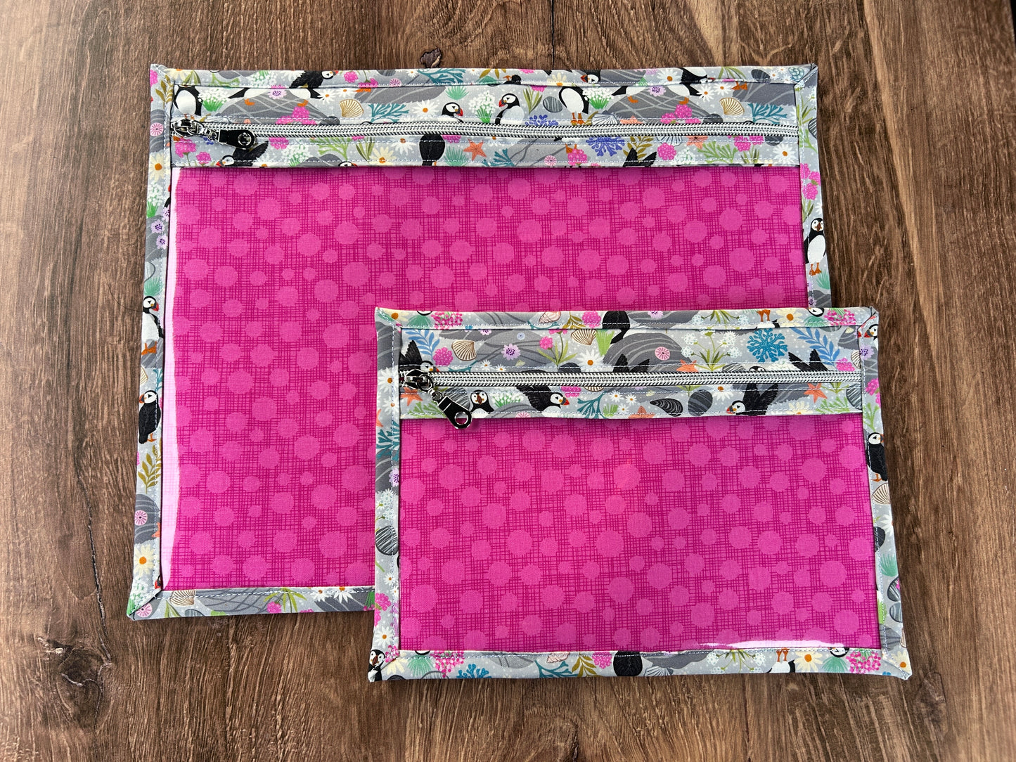Vinyl Cross Stitch Project Bag - Embroidery bag - Knitting & Crochet Bag - Notions - Puffin - Bird - Floral
