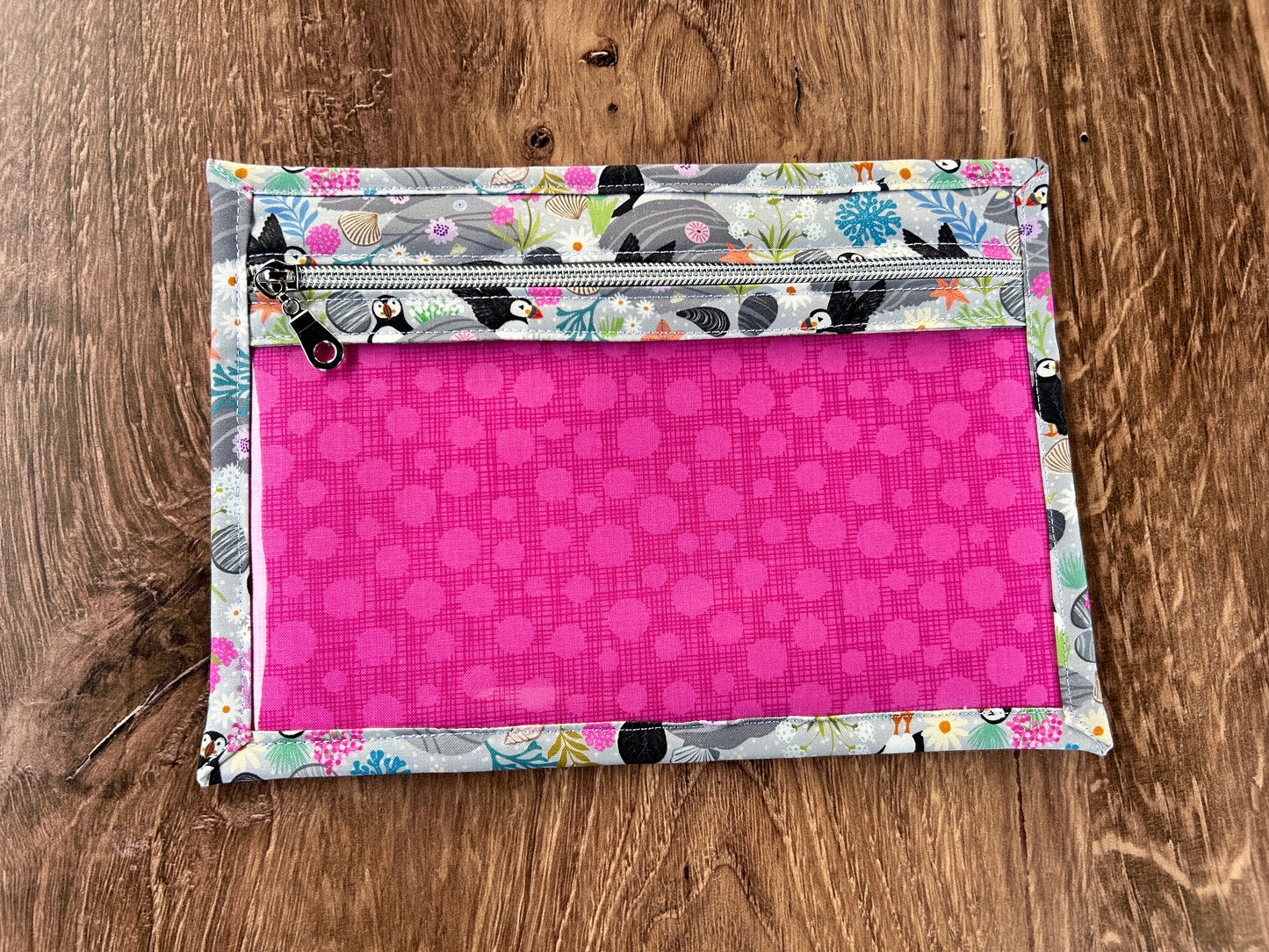 Vinyl Cross Stitch Project Bag - Embroidery bag - Knitting & Crochet Bag - Notions - Puffin - Bird - Floral