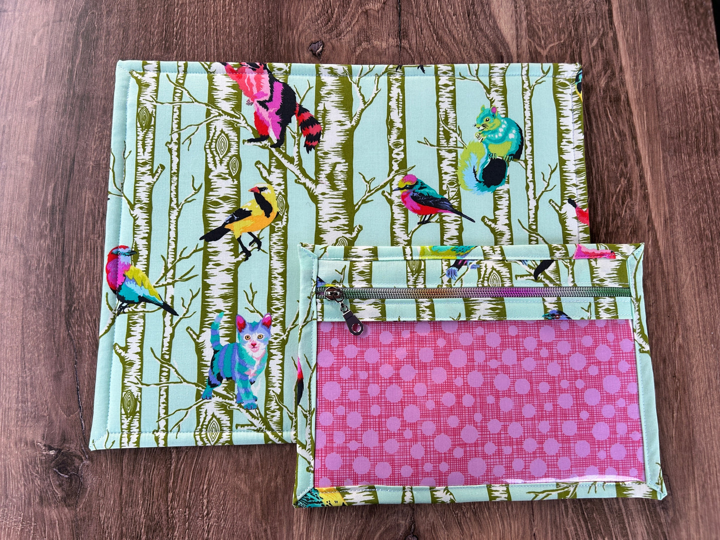 Vinyl Cross Stitch Project Bag - Embroidery bag - Knitting Bag - Crochet Bag - Notion - Woodland Bag - Bird - Cat - Raccoon - Squirrel
