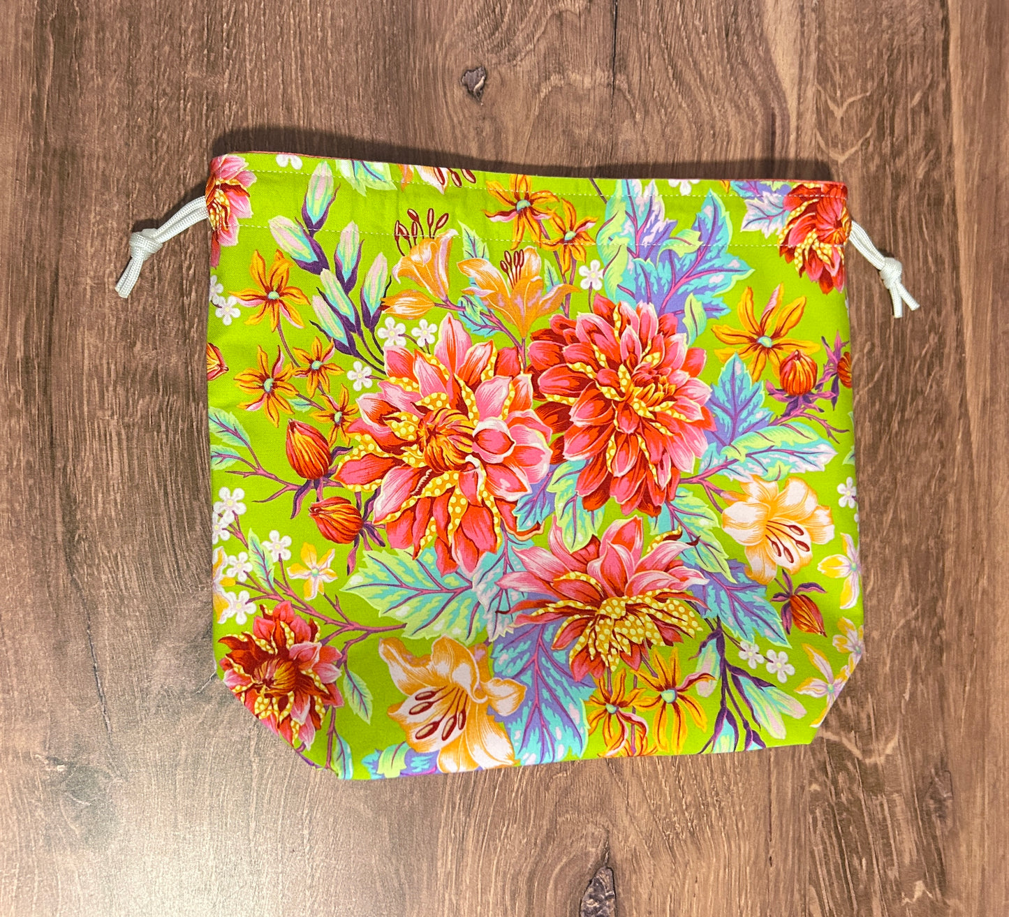 Flower Project Bag - Handmade - Drawstring Bag – Knitting Bag – Crochet Bag - Toy Sack - Floral - Dahlia