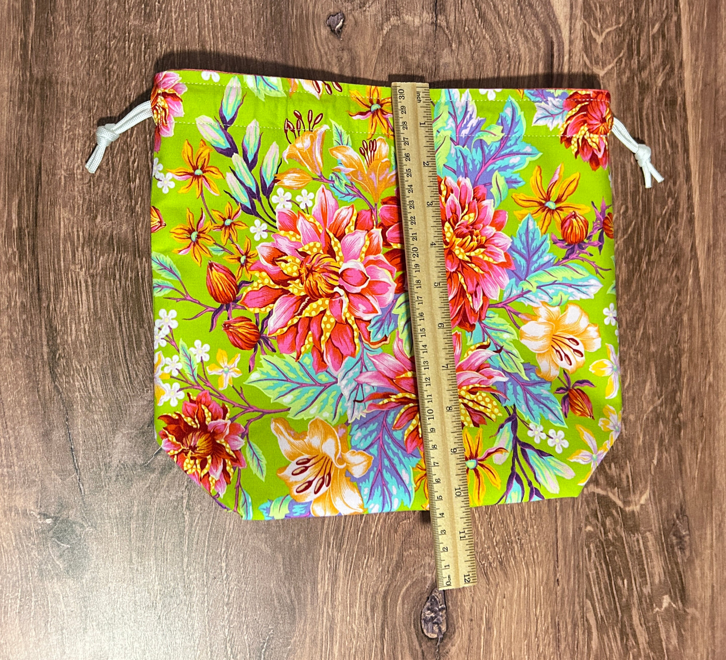 Flower Project Bag - Handmade - Drawstring Bag – Knitting Bag – Crochet Bag - Toy Sack - Floral - Dahlia